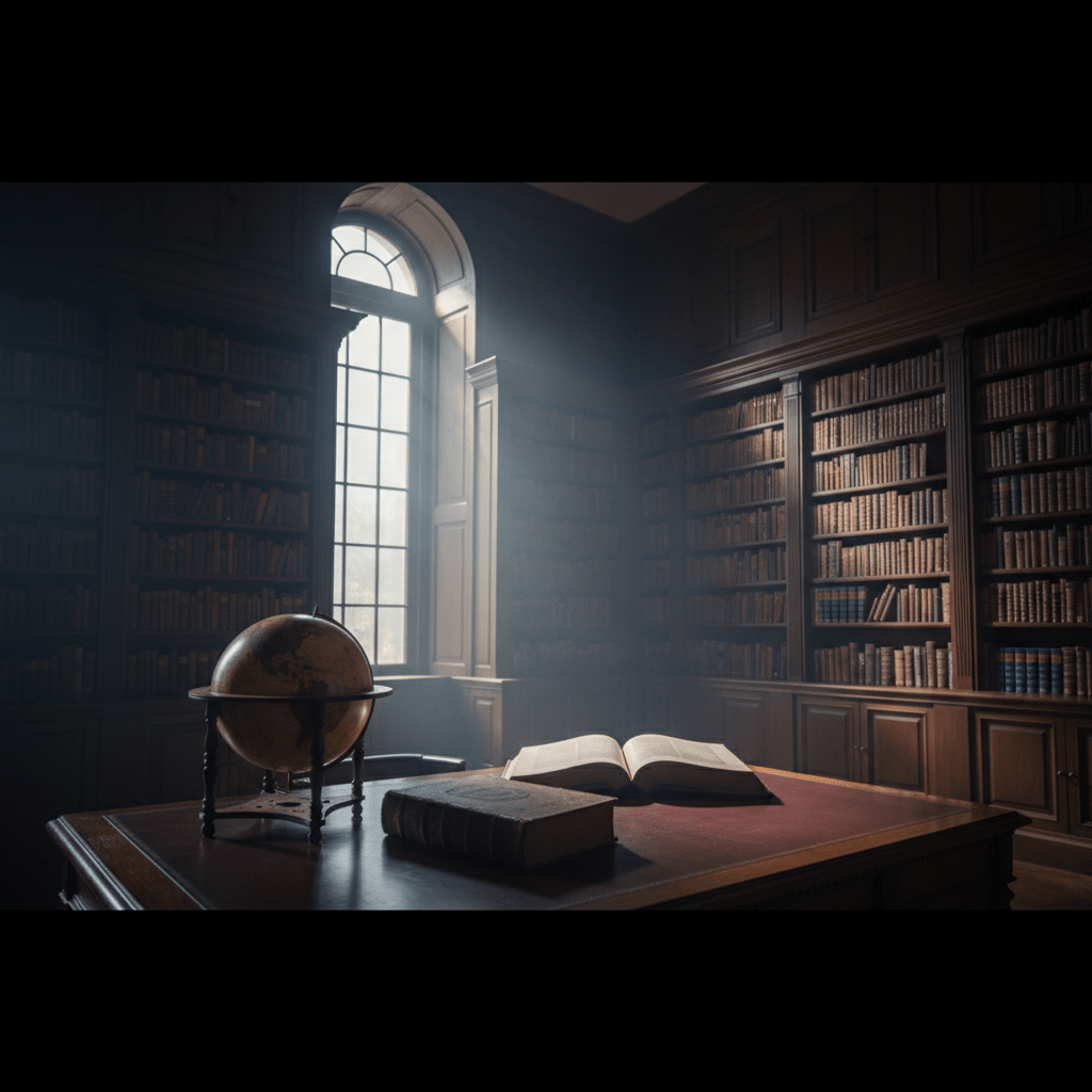Libro antiguo sobre escritorio de caoba con globo terráqueo de bronce en una biblioteca clásica, simbolizando el poder y la historia oculta de las élites globales.