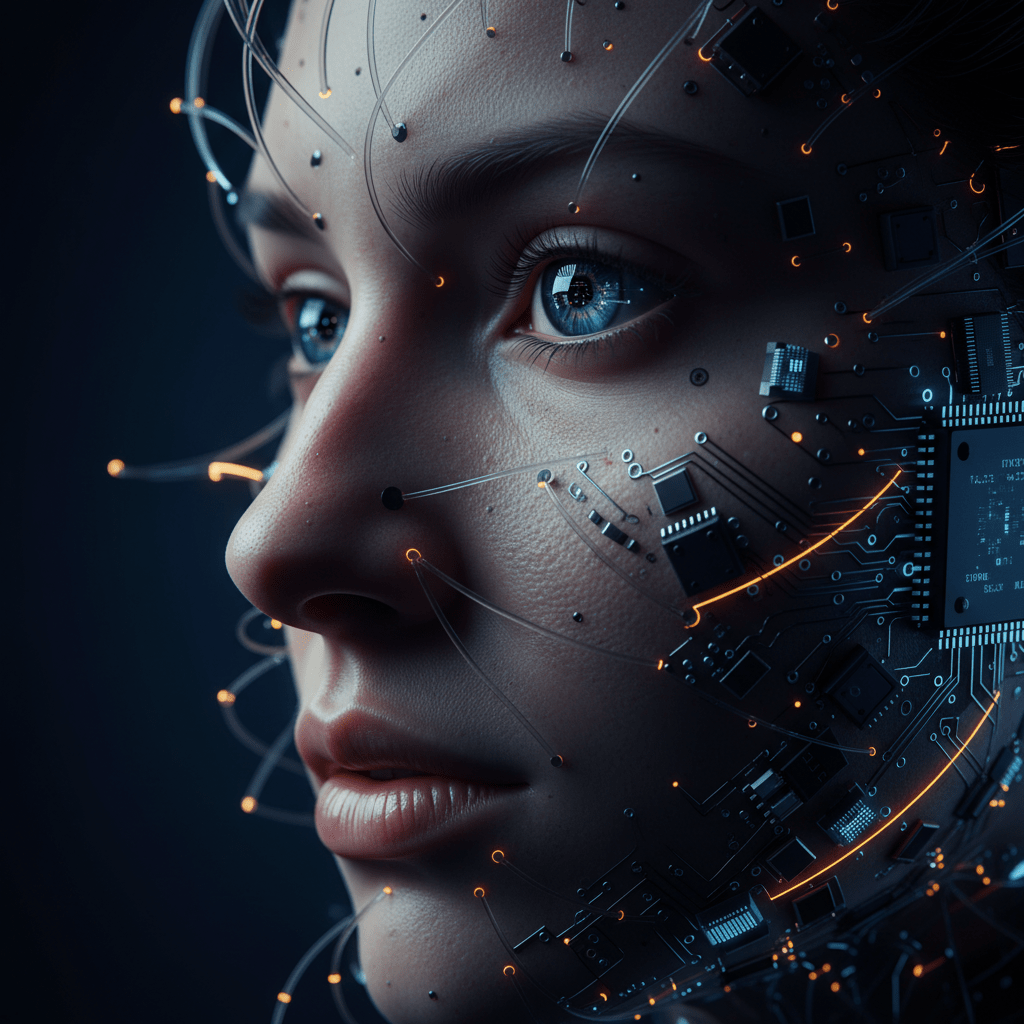 Concepto visual de transhumanismo mostrando la fusión de un rostro humano con circuitos integrados y redes neuronales digitales.