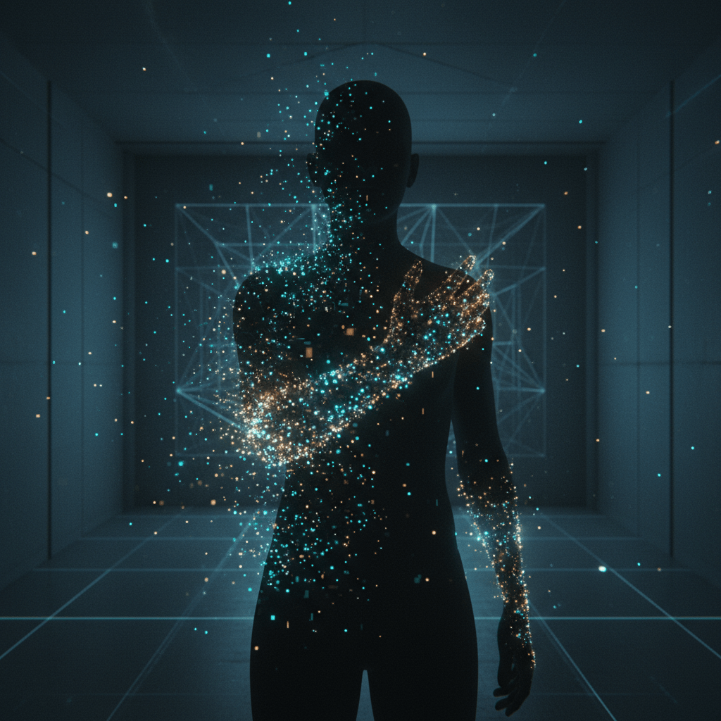 Representación conceptual de un humano transformándose en datos digitales y luz en el umbral del metaverso.