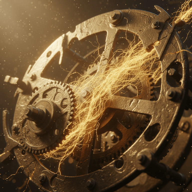 Metáfora visual del cambio de paradigma: engranajes mecánicos rompiéndose para revelar una red orgánica de luz interconectada.
