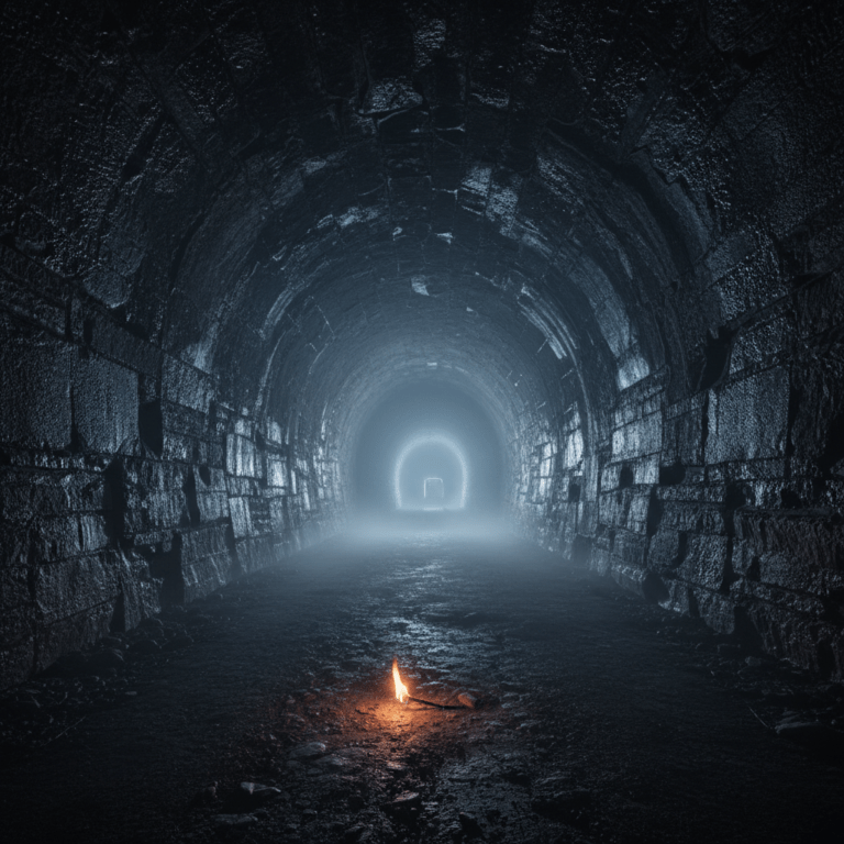 Interior tenebroso del Túnel de los Gritos en Ontario, una estructura ferroviaria de piedra caliza asociada a leyendas urbanas paranormales.