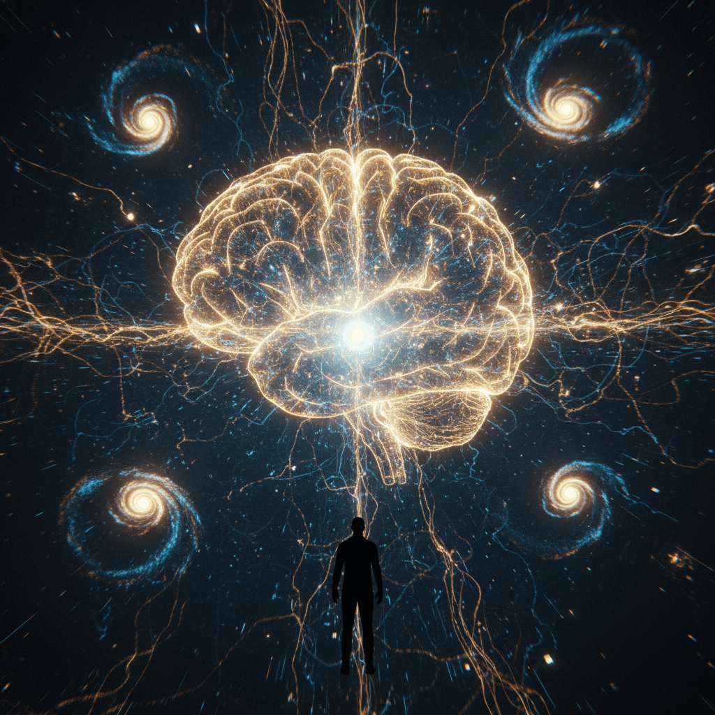 Representación visual de la singularidad tecnológica y la Inteligencia Artificial General mediante redes neuronales luminosas.