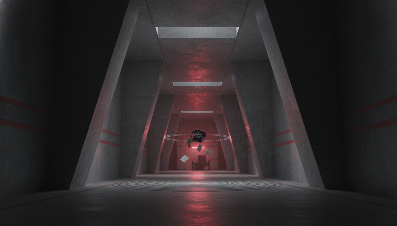 Arquitectura brutalista inspirada en la Oficina Federal de Control y la Fundación SCP con atmósfera paranormal y objetos flotando.