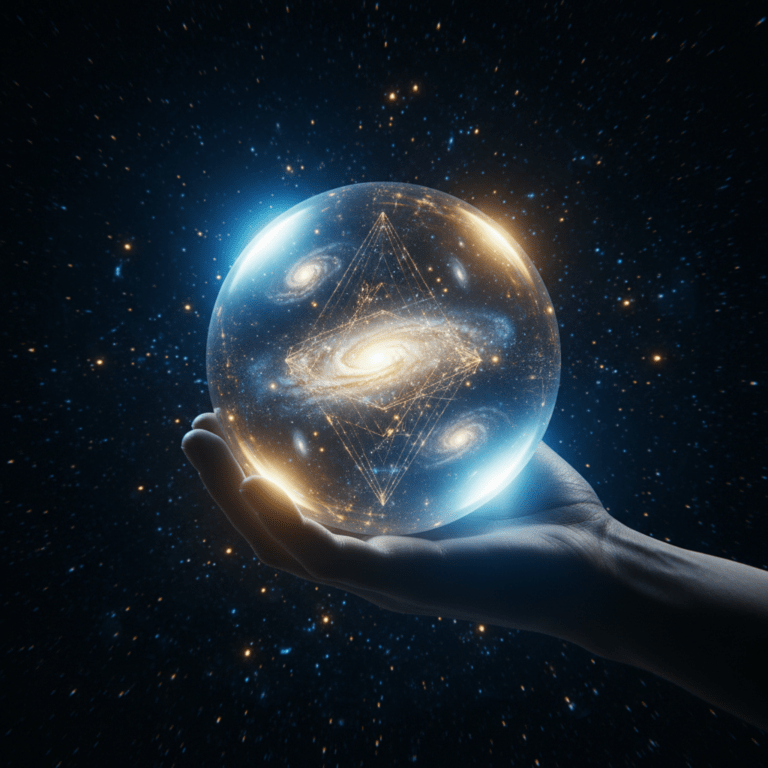Representación conceptual del universo holográfico con galaxias y fractales de luz interconectados.