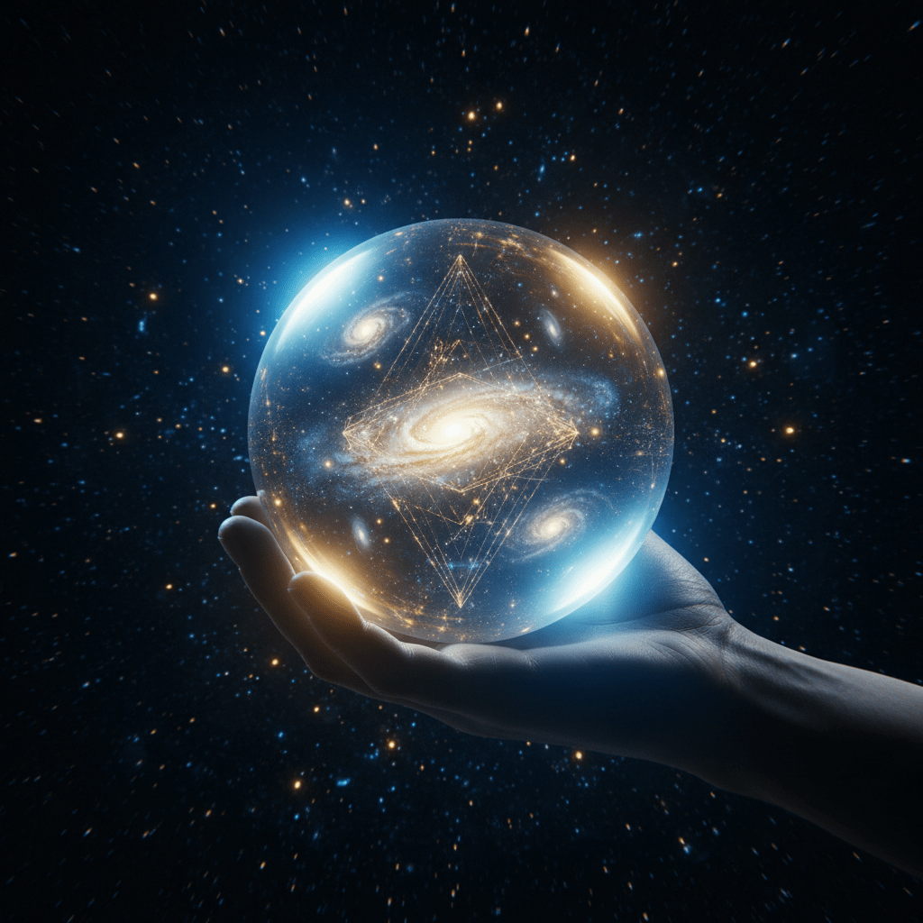 Representación conceptual del universo holográfico con galaxias y fractales de luz interconectados.