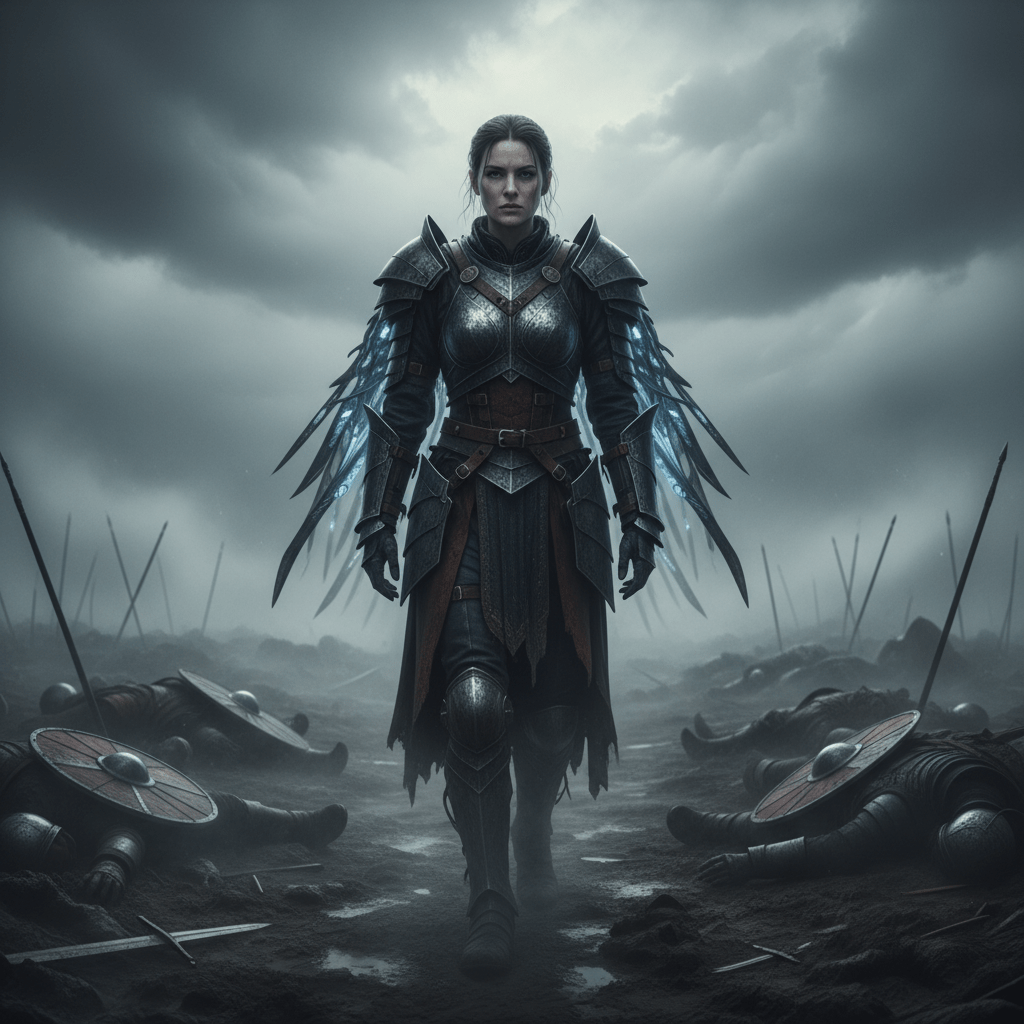 Valquiria nórdica con armadura técnica y oscura en un campo de batalla realista seleccionando guerreros.