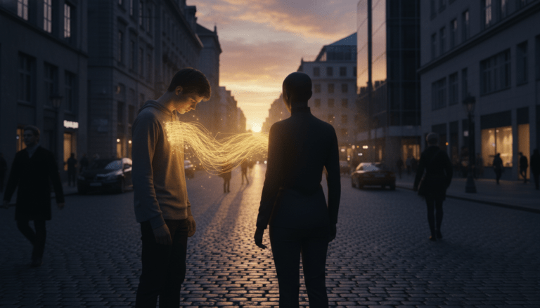 Representación visual del vampirismo energético: transferencia de energía vital y agotamiento emocional entre dos personas en un entorno urbano.