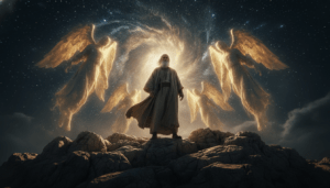 Ilustración cinematográfica del patriarca Enoc presenciando el descenso de los Vigilantes en el Monte Hermón según el Libro de Enoc.