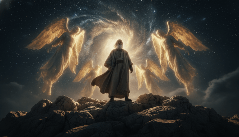 Ilustración cinematográfica del patriarca Enoc presenciando el descenso de los Vigilantes en el Monte Hermón según el Libro de Enoc.