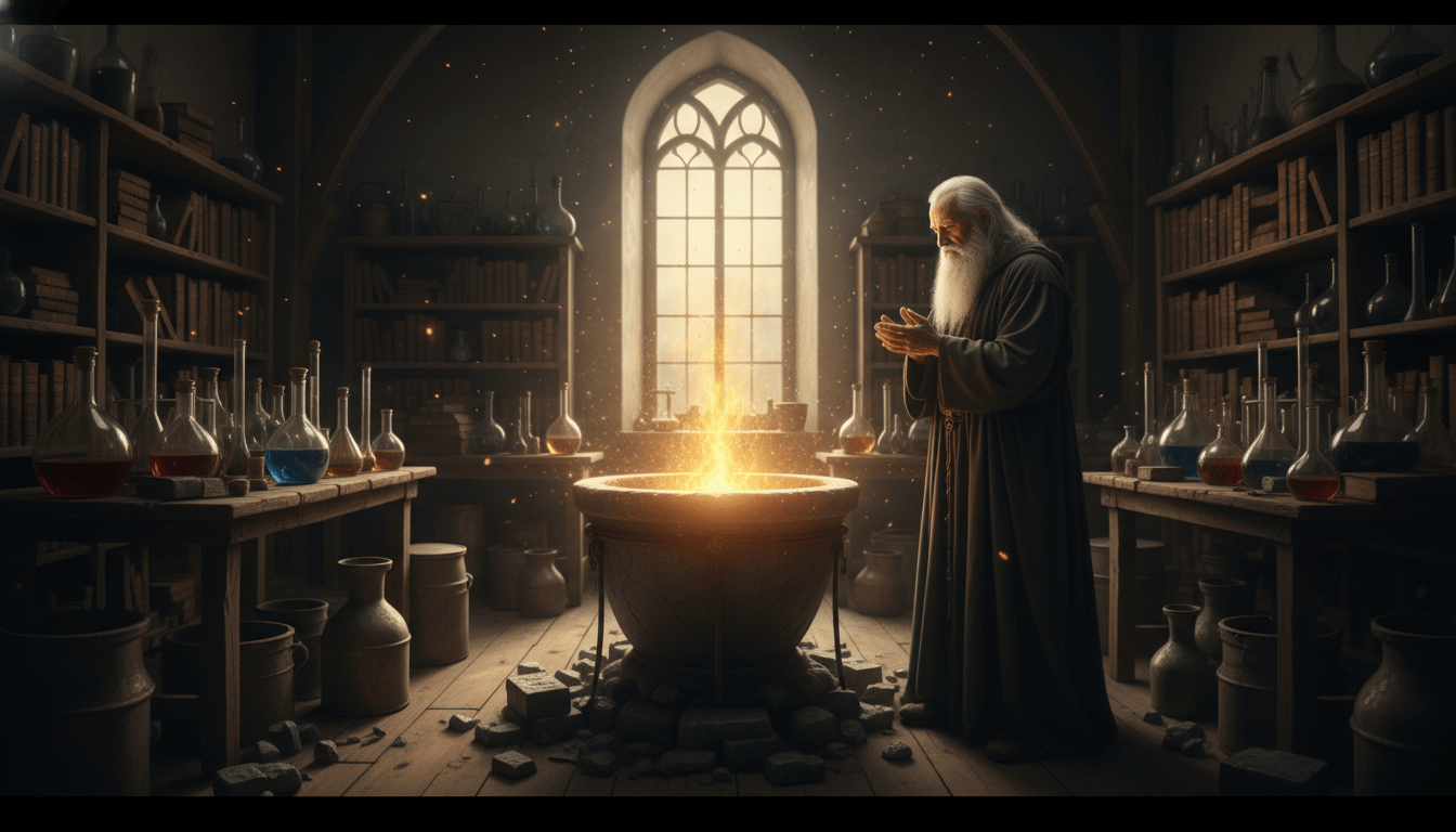 Representación simbólica de la alquimia espiritual mostrando la transmutación del plomo en oro en un laboratorio antiguo iluminado.