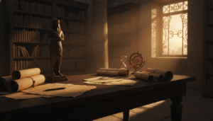 Escritorio antiguo con busto de Hermes Trismegisto, rollos de papiro y astrolabio iluminados por luz tenue en una biblioteca mística.