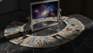 Composición artística de cartas de tarot y un espejo reflejando el cosmos como metáfora del autoconocimiento y la psicología arquetípica de Carl Jung.