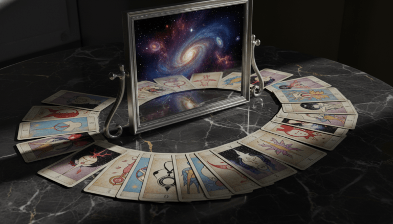 Composición artística de cartas de tarot y un espejo reflejando el cosmos como metáfora del autoconocimiento y la psicología arquetípica de Carl Jung.