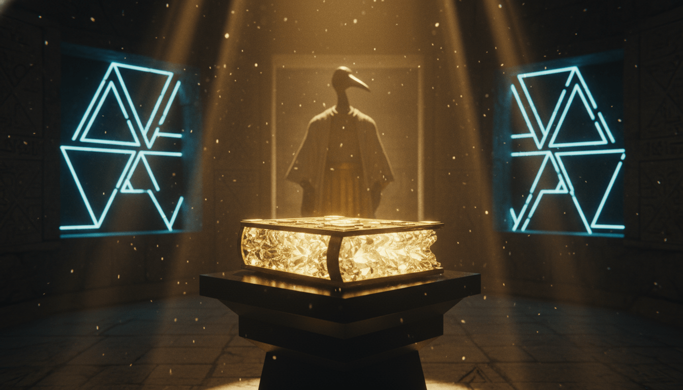 Representación artística del Libro de Thoth y la conexión entre la civilización de la Atlántida y el Antiguo Egipto con geometría sagrada.