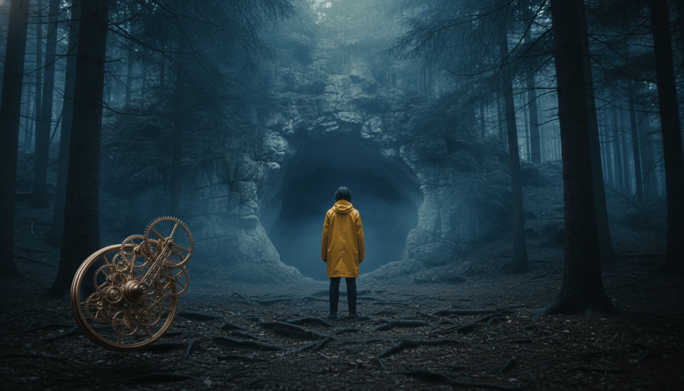 Representación visual de los viajes en el tiempo y la filosofía del determinismo en la serie Dark con el impermeable amarillo frente a la cueva.