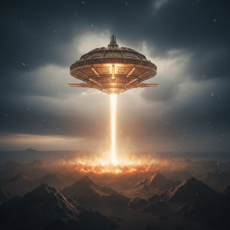 Ilustración fotorrealista de un Vimana antiguo disparando un rayo de energía sobre montañas, representando la tecnología bélica de los textos védicos.