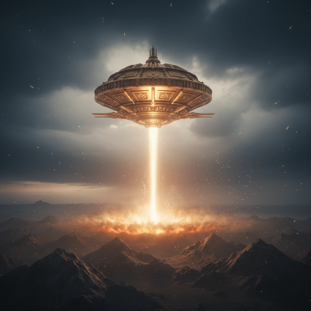 Ilustración fotorrealista de un Vimana antiguo disparando un rayo de energía sobre montañas, representando la tecnología bélica de los textos védicos.