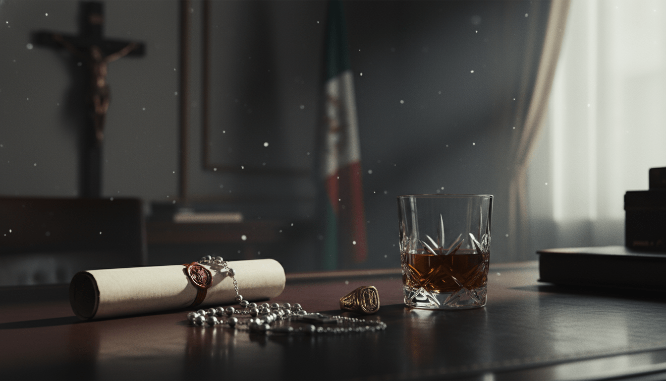 Bodegón cinematográfico con rosario, sello de cera y elementos de poder que simbolizan los vínculos entre la mafia y el Vaticano.