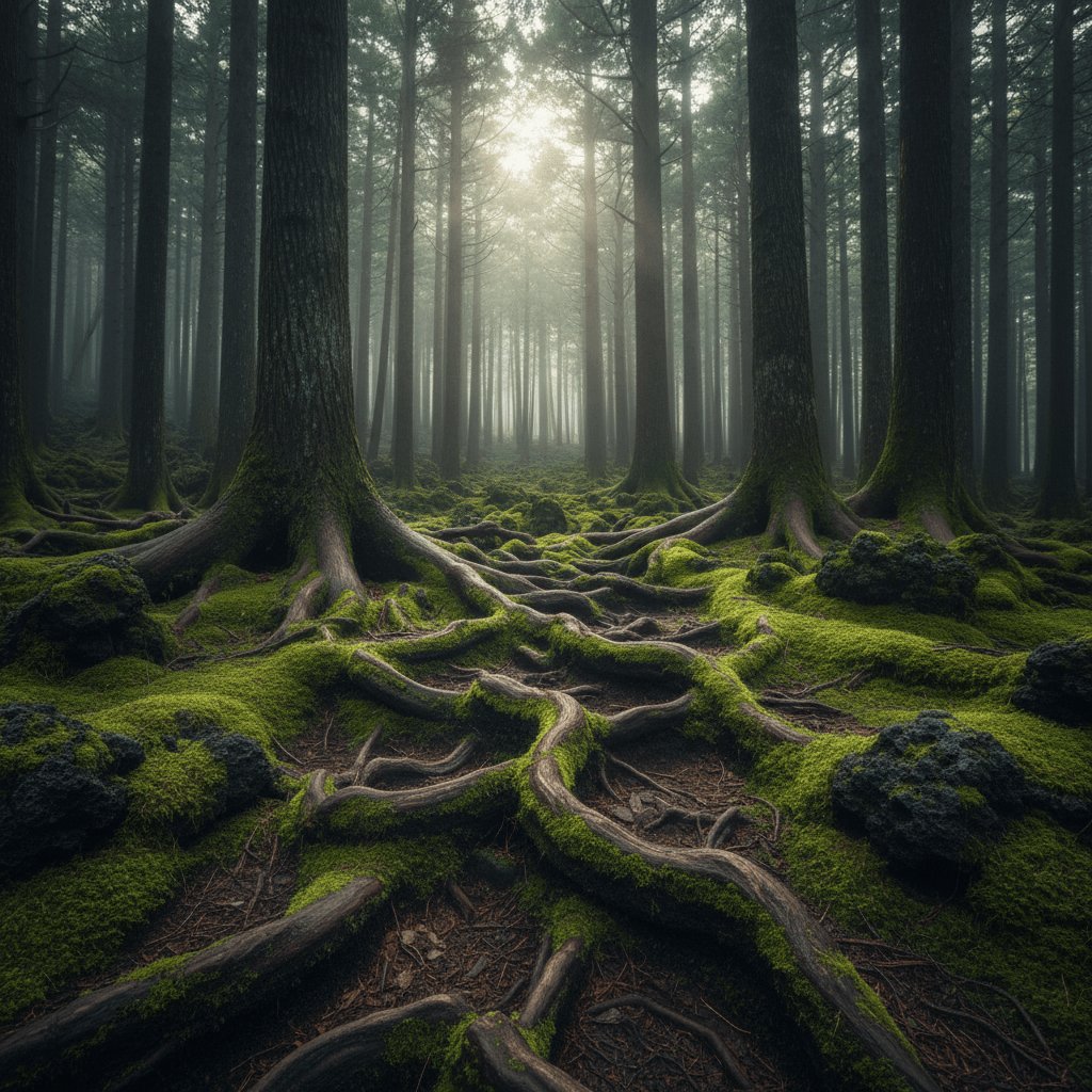 Bosque de Aokigahara Jukai en Japón con raíces retorcidas sobre roca volcánica y niebla mística bajo el Monte Fuji.