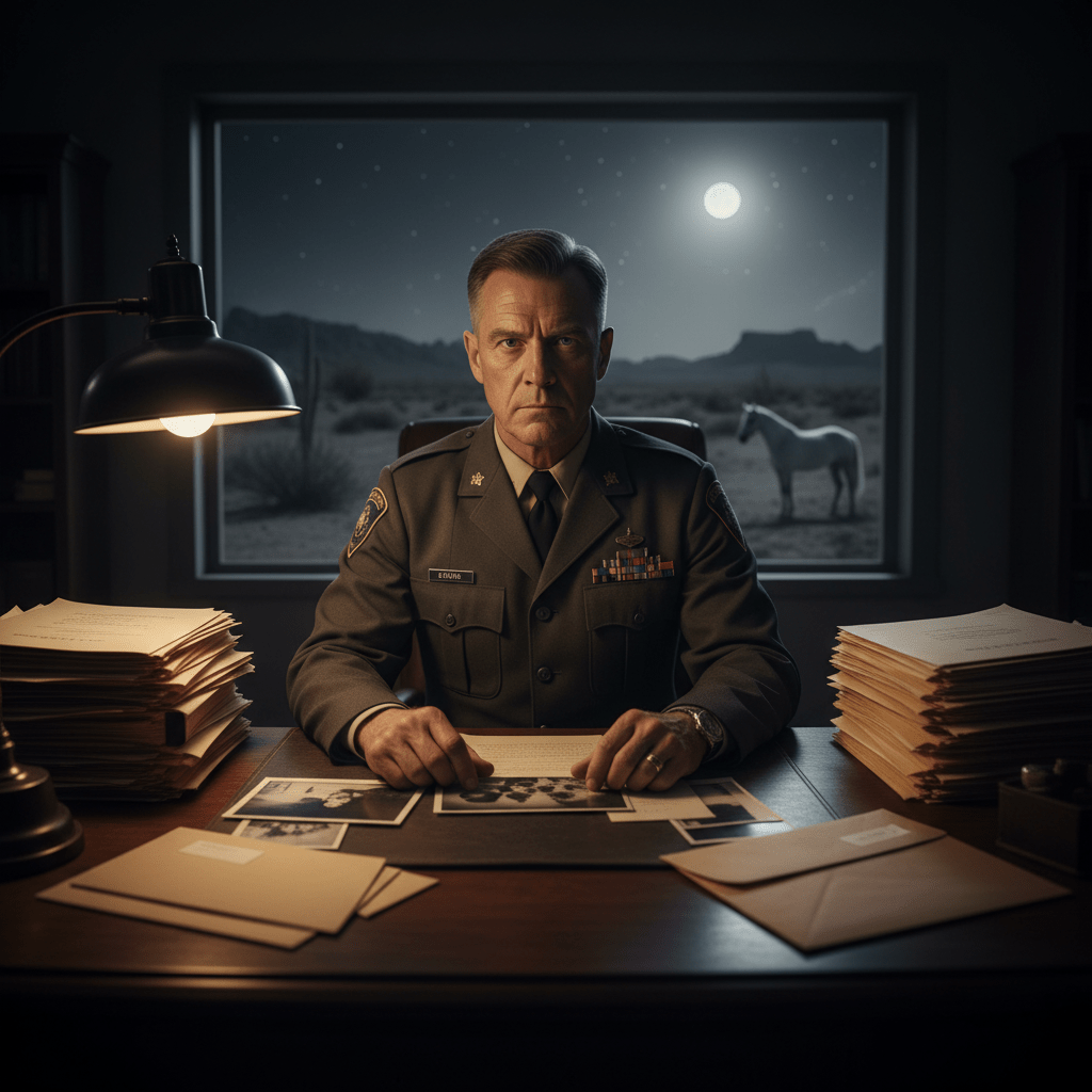 Retrato artístico de William Milton Cooper en un despacho rodeado de documentos y simbolismo de Behold a Pale Horse