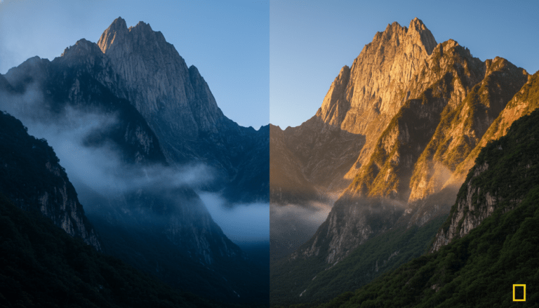 Representación visual del Yin y el Yang mediante una montaña dividida entre la luz del sol y la sombra mística, simbolizando la dualidad y el equilibrio de la filosofía china.