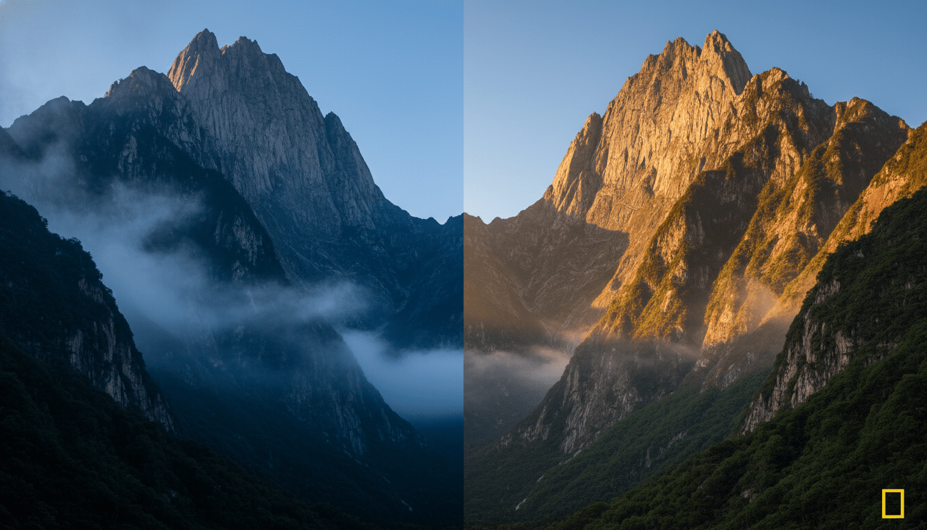 Representación visual del Yin y el Yang mediante una montaña dividida entre la luz del sol y la sombra mística, simbolizando la dualidad y el equilibrio de la filosofía china.