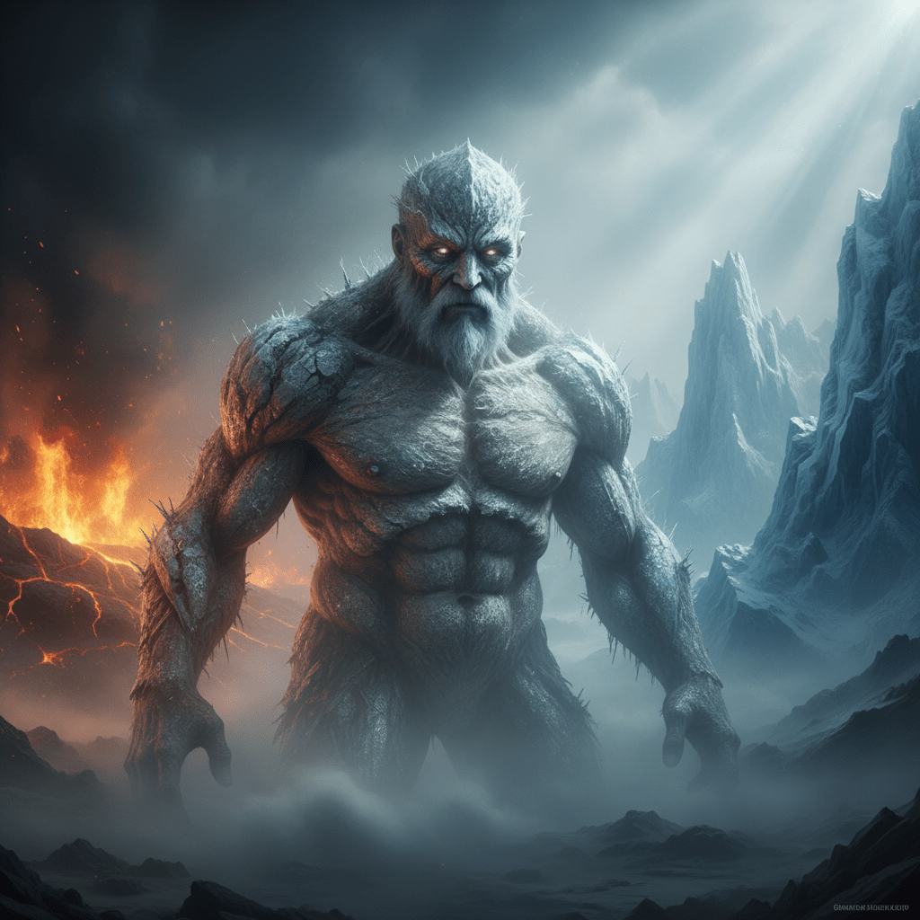 Ymir el primer gigante Jötunn surgiendo del vacío de Ginnungagap entre el fuego de Muspelheim y el hielo de Niflheim, mitología nórdica.