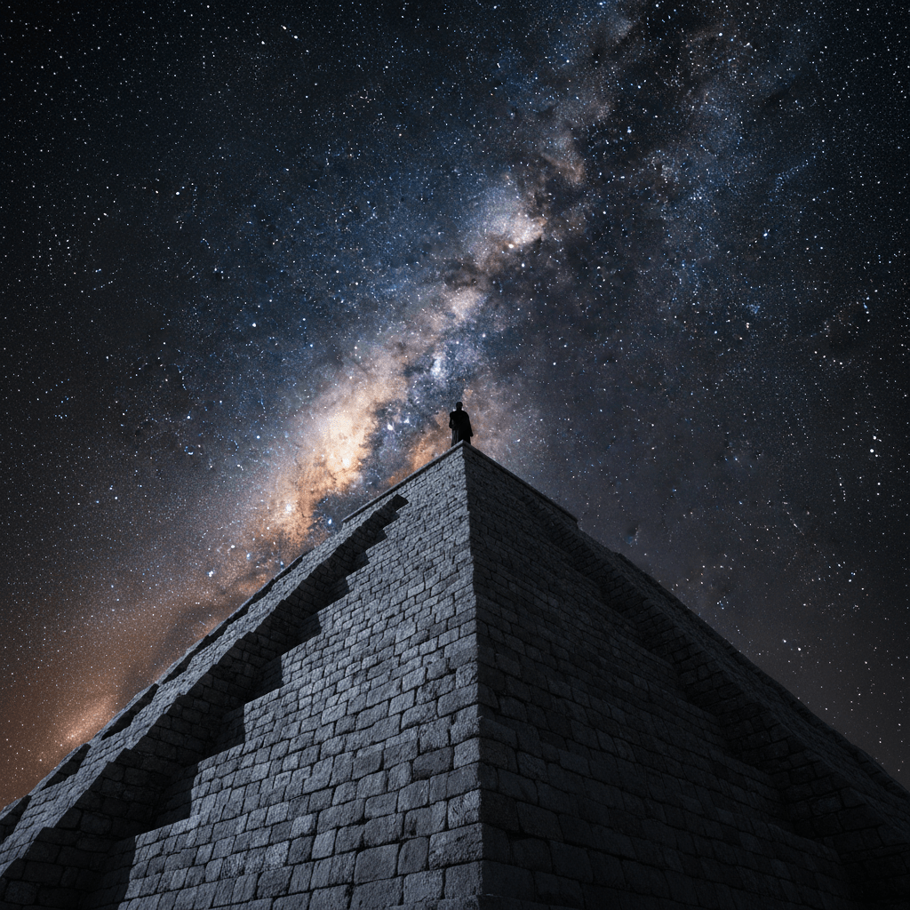 Zigurat de Mesopotamia bajo un cielo estrellado y la Vía Láctea, representando la astronomía antigua y la conexión cósmica