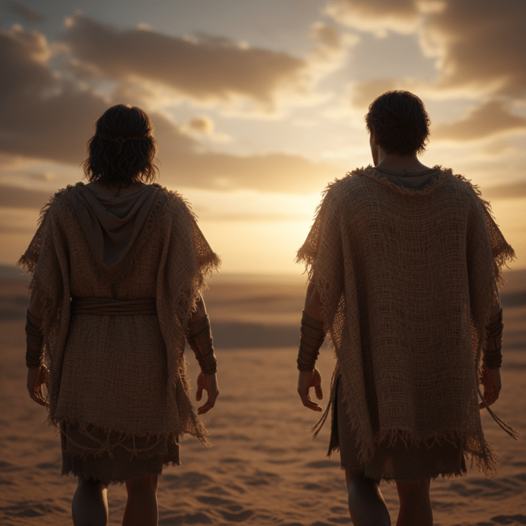 Figuras antiguas caminando en un desierto al atardecer representando el origen de la humanidad