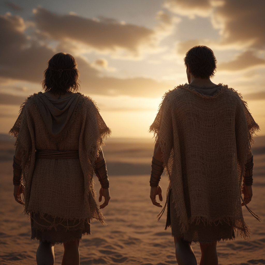 Figuras antiguas caminando en un desierto al atardecer representando el origen de la humanidad