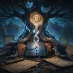 Representación mística del árbol del conocimiento del bien y del mal con símbolos sumerios de ADN y luz gnóstica