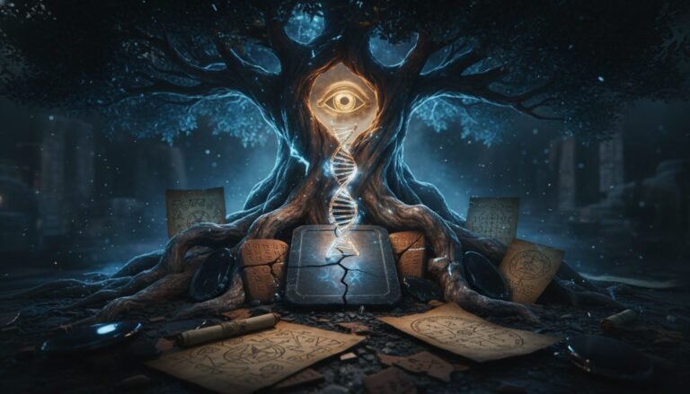 Representación mística del árbol del conocimiento del bien y del mal con símbolos sumerios de ADN y luz gnóstica