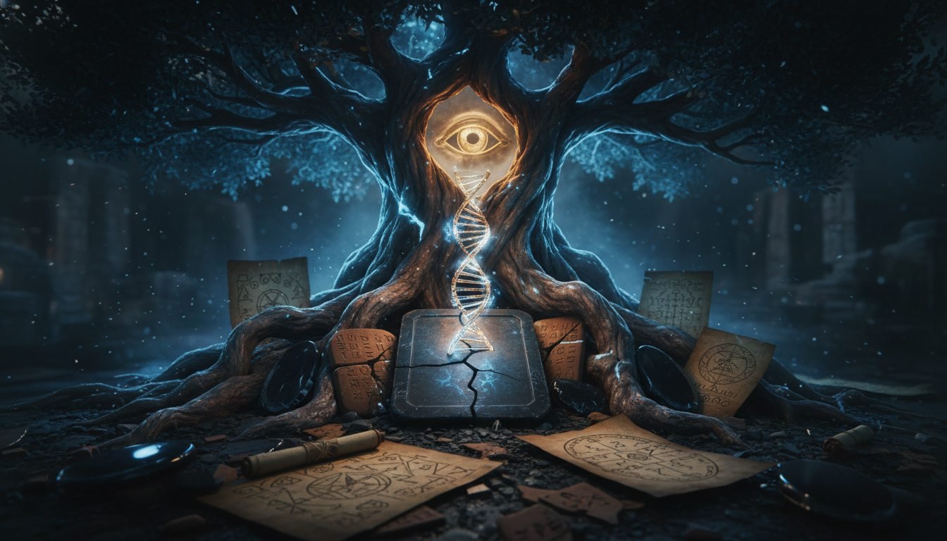 Representación mística del árbol del conocimiento del bien y del mal con símbolos sumerios de ADN y luz gnóstica