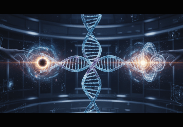 Representación de bilocación humana con figuras translúcidas en un portal cuántico del espacio-tiempo cósmico.