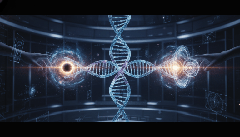 Representación de bilocación humana con figuras translúcidas en un portal cuántico del espacio-tiempo cósmico.