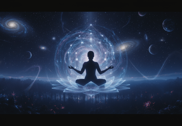 Persona meditando en el cosmos conectando con portales de luz y planos astrales en meditación interdimensional.