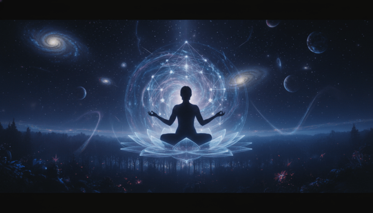 Persona meditando en el cosmos conectando con portales de luz y planos astrales en meditación interdimensional.