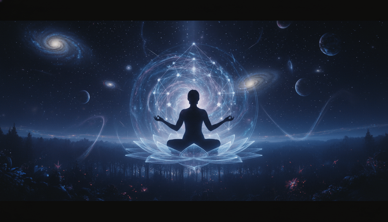 Persona meditando en el cosmos conectando con portales de luz y planos astrales en meditación interdimensional.