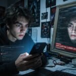 Un adolescente mira su teléfono inteligente en una habitación oscura mientras su reflejo en el espejo muestra una versión alterada y misteriosa.