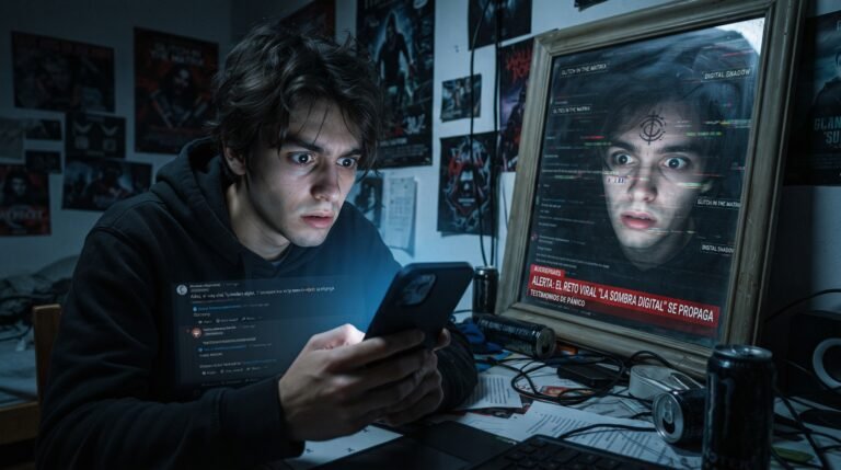 Un adolescente mira su teléfono inteligente en una habitación oscura mientras su reflejo en el espejo muestra una versión alterada y misteriosa.