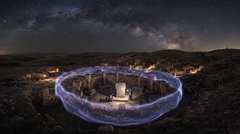 Dos arqueólogos examinan pilares monolíticos tallados en Göbekli Tepe bajo un cielo estrellado con una sutil anomalía de campo magnético brillante.