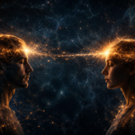 Dos personas frente a frente conectadas por una red de energía luminosa que simboliza el entrelazamiento cuántico y la posible conexión entre las mentes, sobre un fondo de universo estrellado.