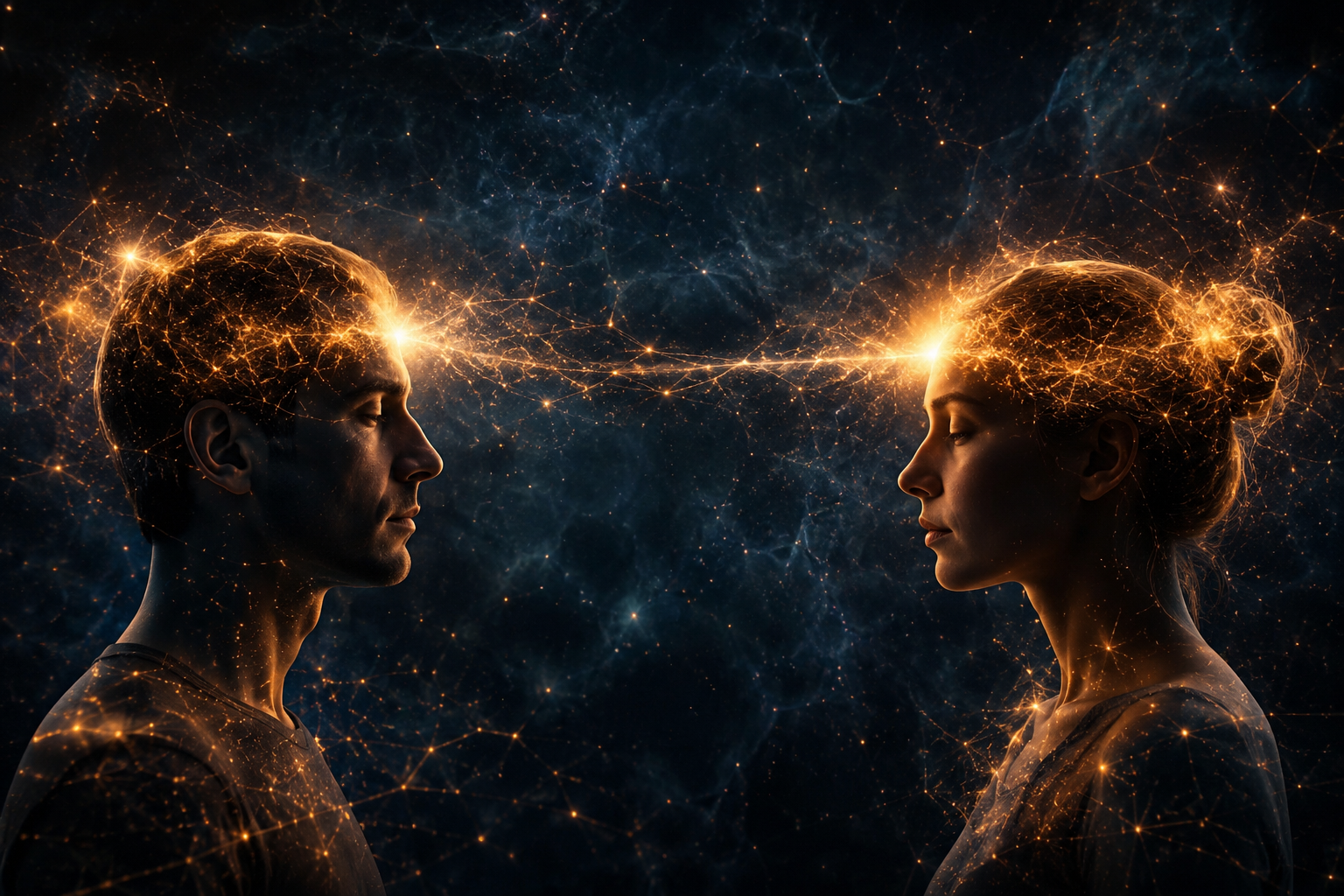 Dos personas frente a frente conectadas por una red de energía luminosa que simboliza el entrelazamiento cuántico y la posible conexión entre las mentes, sobre un fondo de universo estrellado.