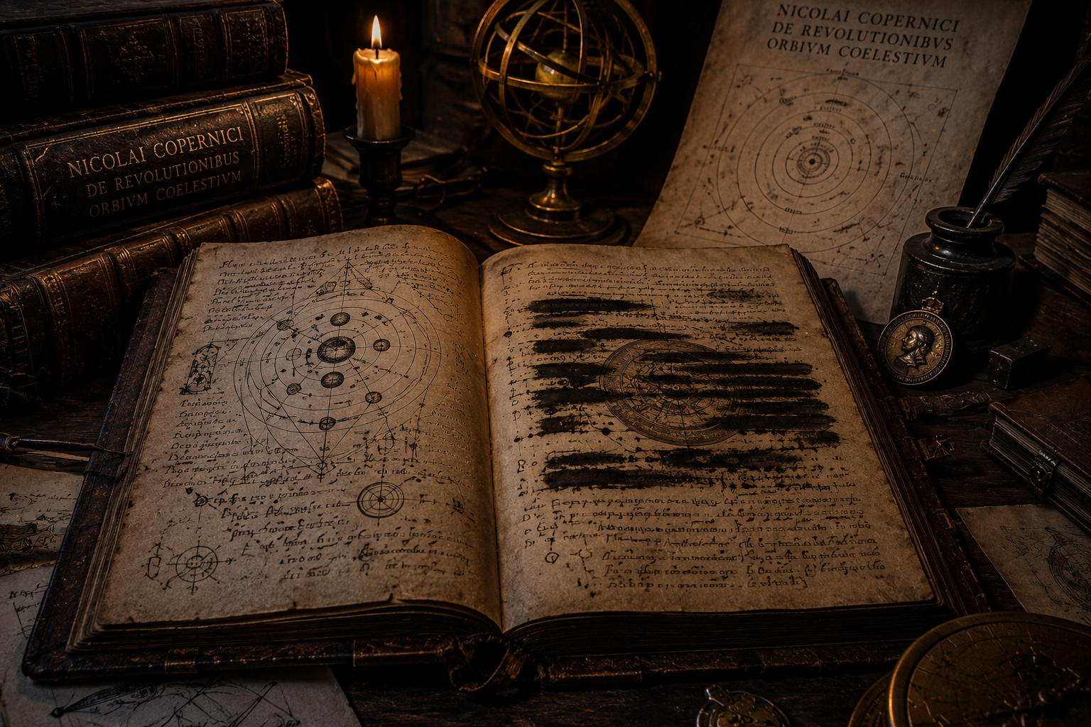 Libro antiguo abierto con ilustraciones astronómicas, diagramas celestes y páginas parcialmente censuradas sobre un escritorio renacentista iluminado por velas, junto a instrumentos de astronomía.