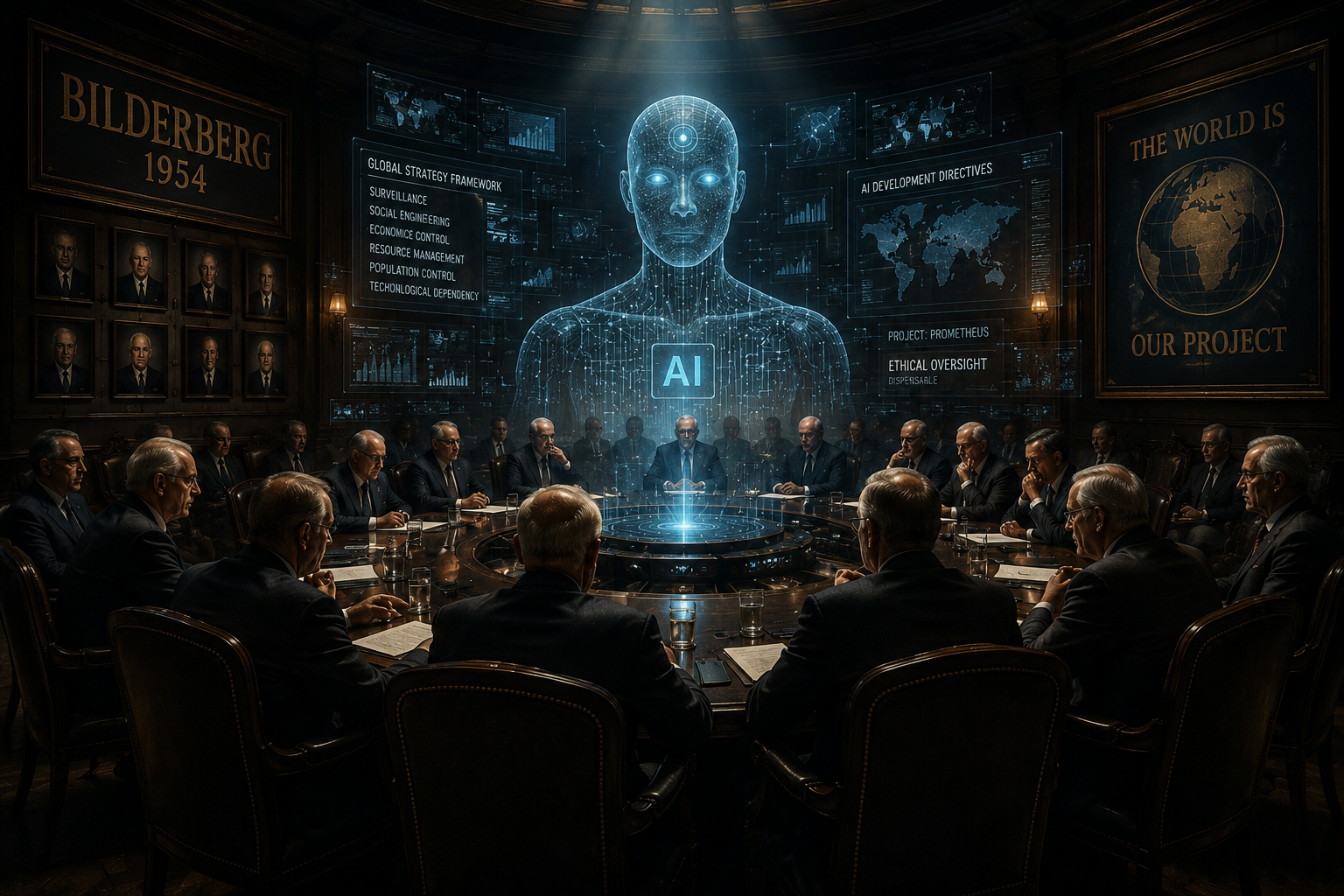Ilustración fotorrealista conceptual de una reunión de dirigentes observando un holograma de inteligencia artificial en una sala de conferencias oscura, representando el debate sobre quién influye en el desarrollo de la IA.