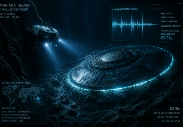 Submarino de exploración iluminando una enorme estructura circular metálica en el fondo de la fosa de las Marianas, mientras una interfaz muestra una señal hidroacústica detectada en las profundidades oceánicas.
