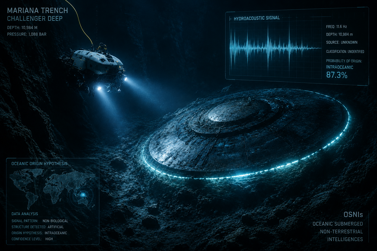 Submarino de exploración iluminando una enorme estructura circular metálica en el fondo de la fosa de las Marianas, mientras una interfaz muestra una señal hidroacústica detectada en las profundidades oceánicas.