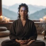 Una mujer medita en paz con un símbolo sutil y brillante del tercer ojo en la frente en una habitación con velas y vista a la montaña.