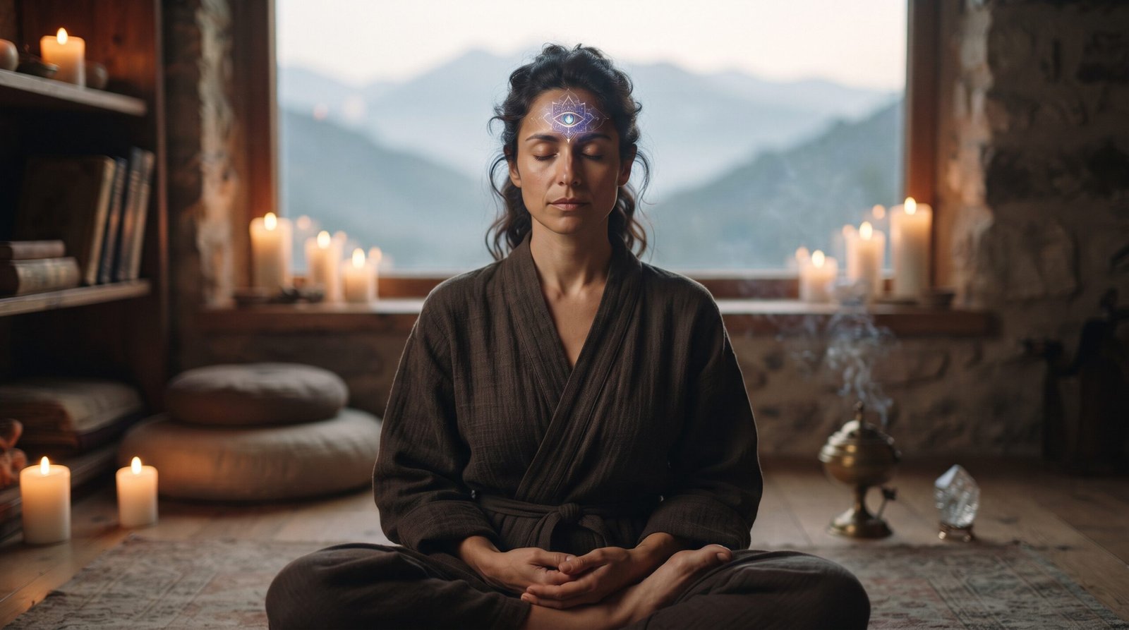 Una mujer medita en paz con un símbolo sutil y brillante del tercer ojo en la frente en una habitación con velas y vista a la montaña.