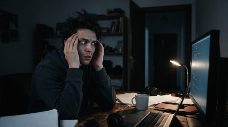 Una persona sentada en un escritorio durante la noche experimenta una intensa sensación psicológica de ser observada.
